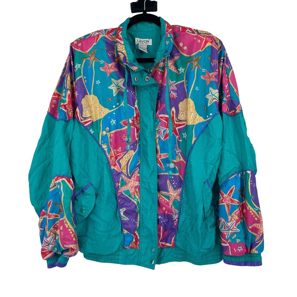 Vintage Lavon Starfish Print Windbreaker Jacket Teal Pink 90s Retro Women's M